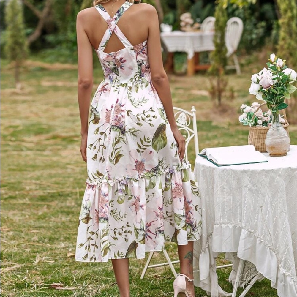 Boho floral print ruffle hem cami dress